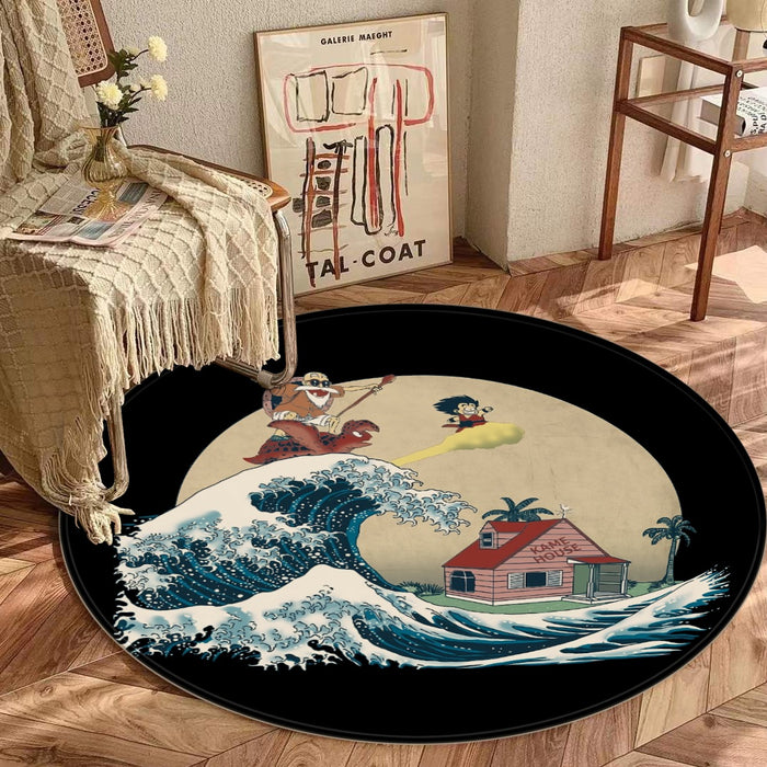 DBZ Kid Goku And Master Roshi Surfing To Kame House round mat