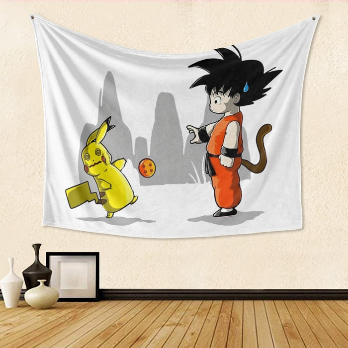 Goku Throwing A Dragon Ball At Pikachu Tapestry