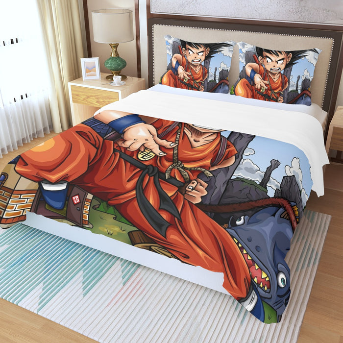 Dragon Ball Anime Angry Kid Goku Sky Clouds Blue 3D Three Piece Duvet Cover Set