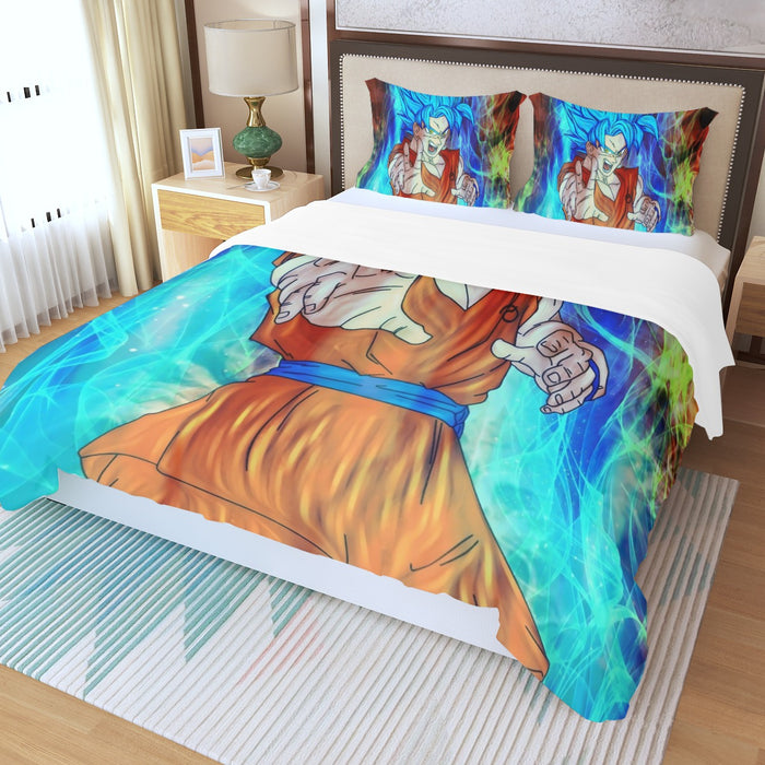 DBZ Goku Super Saiyan God Blue SSGSS Power Aura Fire Theme Design Three Piece Duvet Cover Set