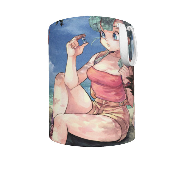 Bulma Sitting on a Tree and Kid Goku at the Beach Blue Graphic DBZ Laundry Basket