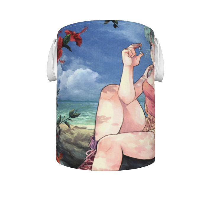 Bulma Sitting on a Tree and Kid Goku at the Beach Blue Graphic DBZ Laundry Basket