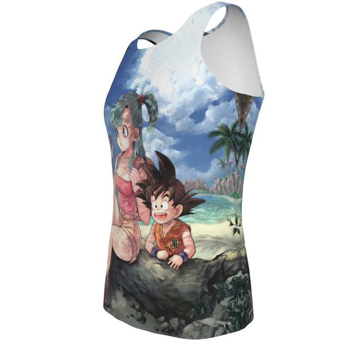 Bulma Sitting on a Tree and Kid Goku at the Beach Blue Graphic DBZ Tank Top