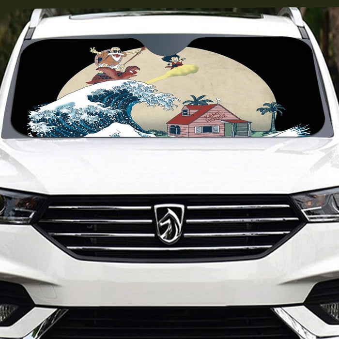 DBZ Kid Goku And Master Roshi Surfing To Kame House Windshield Sunshade