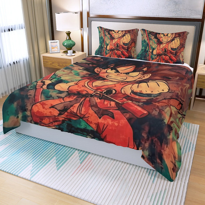 Kid Young Goku Vintage Tie Dye Painting Stylish DBZ 3D Three Piece Duvet Cover Set