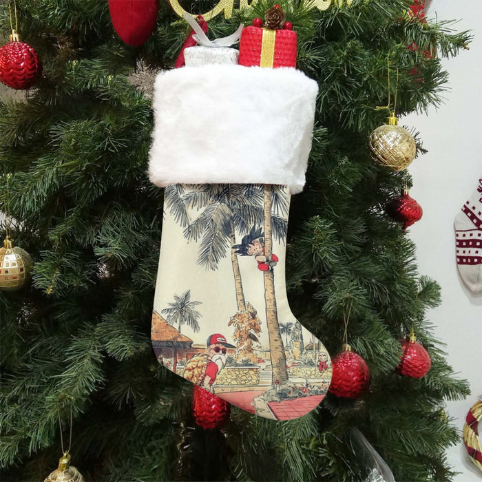 Palm Tree Cute Kid Goku Master Roshi Vintage Beige Christmas Socks