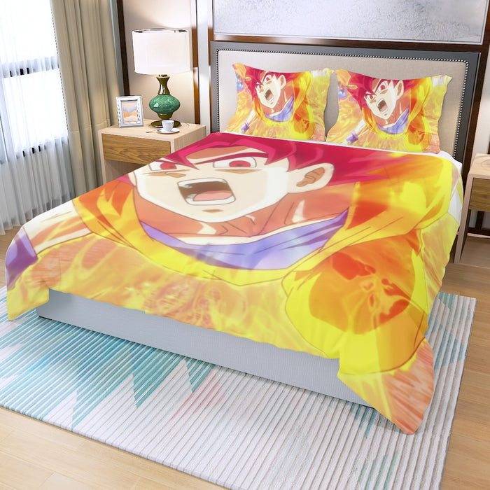 Dragon Ball Goku Super Saiyan Red God Face Portrait Print Three Piece Duvet Cover Set