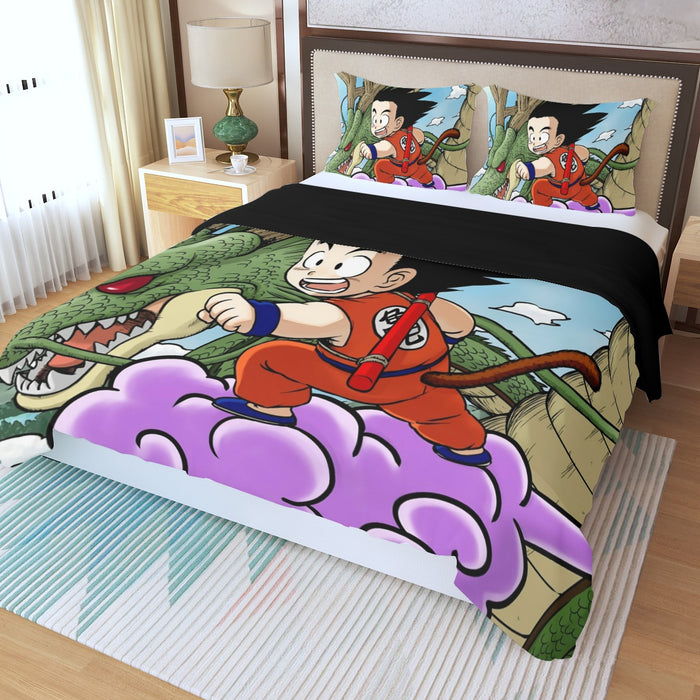 Dragon Ball  Kid Goku Flying With Shenron Three Piece Duvet Cover Set