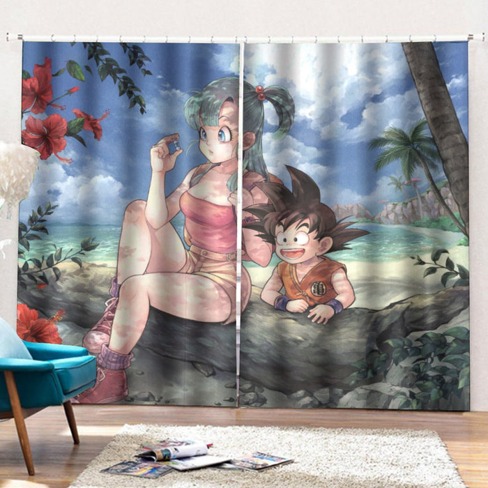 Bulma Sitting on a Tree and Kid Goku at the Beach Blue Graphic Curtains with Hooks