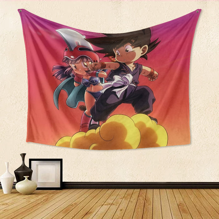 Kid Goku and Chichi Flying on Golden Cloud 3D Tapestry