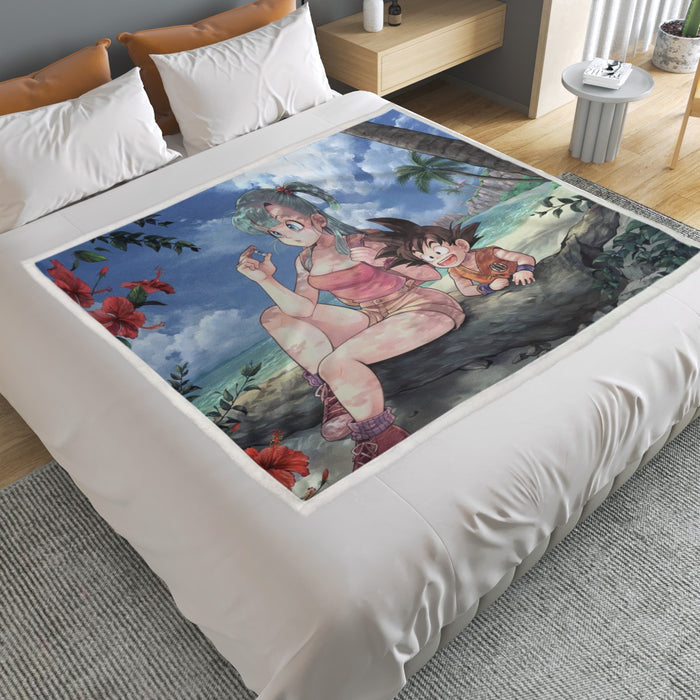 Bulma Sitting on a Tree and Kid Goku at the Beach Blue Graphic DBZ Household Warm Blanket