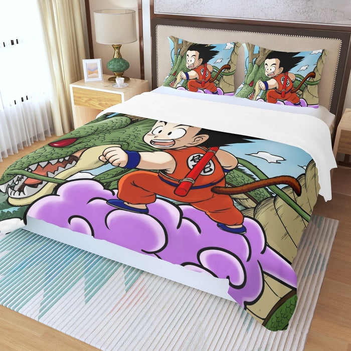 Dragon Ball  Kid Goku Flying With Shenron Three Piece Duvet Cover Set