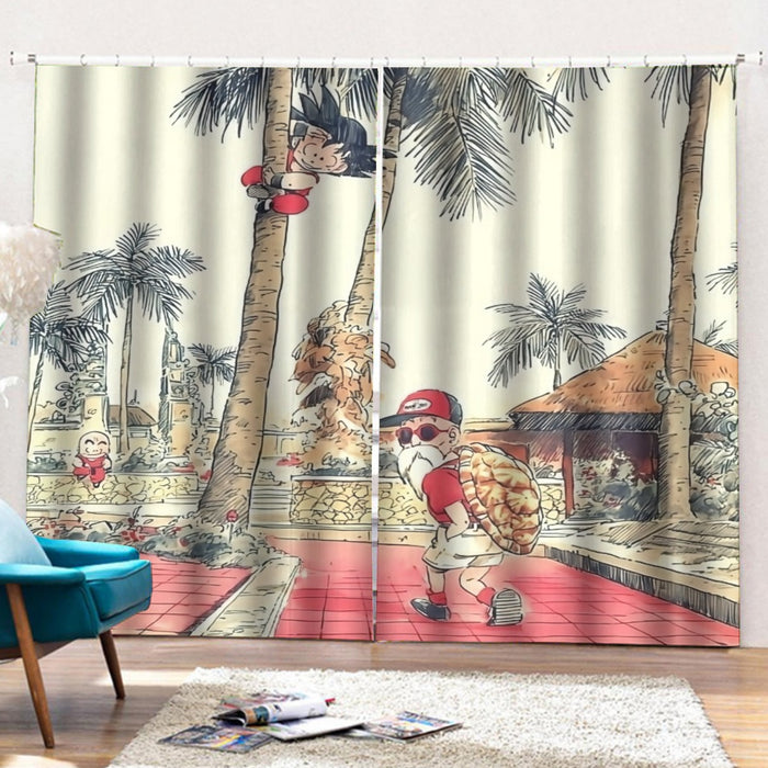 Palm Tree Cute Kid Goku Master Roshi Vintage Beige Curtains with Hooks