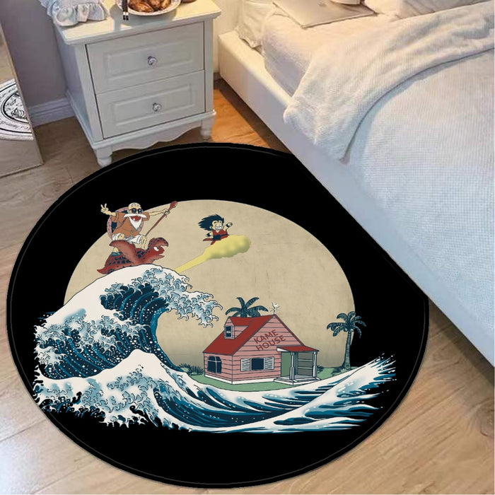 DBZ Kid Goku And Master Roshi Surfing To Kame House round mat