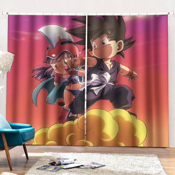 Kid Goku and Chichi Flying on Golden Cloud 3D Curtains with Hooks