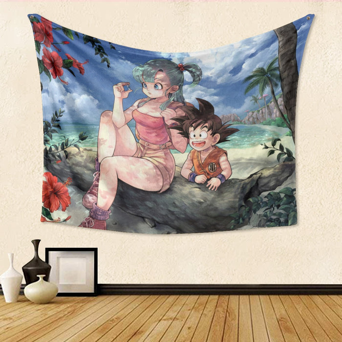 Bulma Sitting on a Tree and Kid Goku at the Beach Blue Graphic DBZ Tapestry