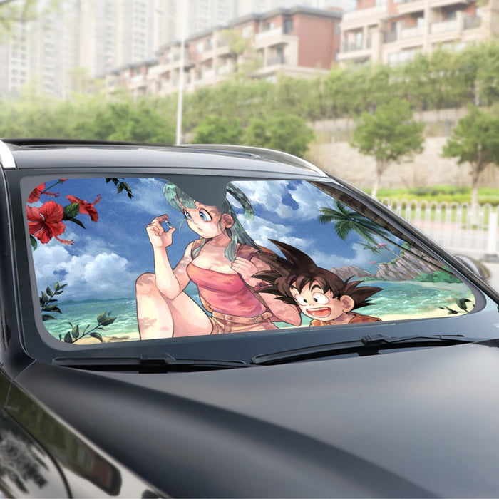 Bulma Sitting on a Tree and Kid Goku at the Beach Blue Graphic DBZ Windshield Sunshade