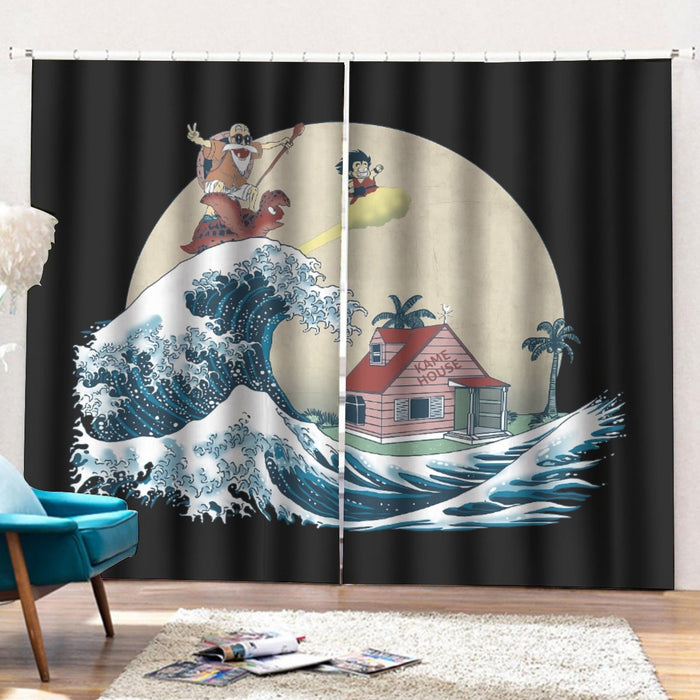 DBZ Kid Goku And Master Roshi Surfing To Kame House Curtains with Hooks