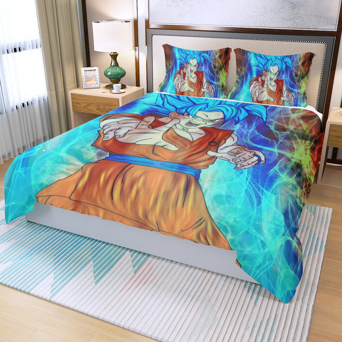 DBZ Goku Super Saiyan God Blue SSGSS Power Aura Fire Theme Design Three Piece Duvet Cover Set