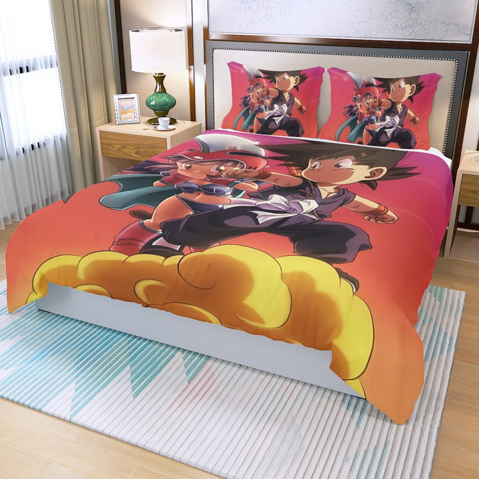 Kid Goku and Chichi Flying on Golden Cloud 3D Three Piece Duvet Cover Set
