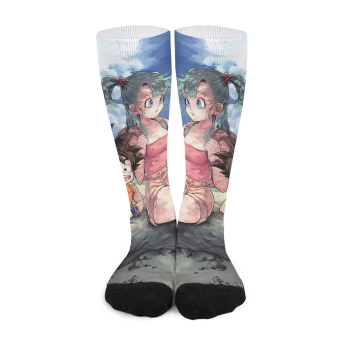 Bulma Sitting on a Tree and Kid Goku at the Beach Blue Graphic DBZ  Socks