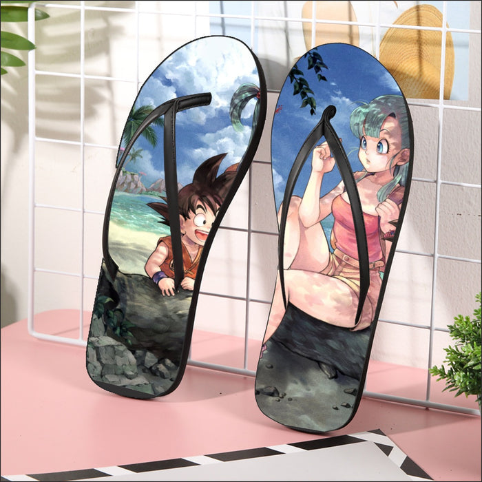 Bulma Sitting on a Tree and Kid Goku at the Beach Blue Graphic DBZ Flip Flops