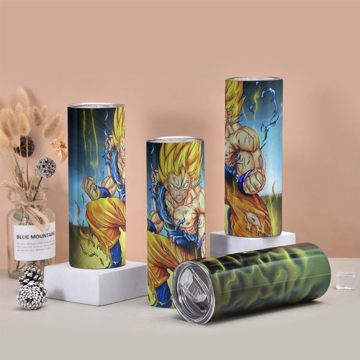 DBZ Goku Super Saiyan Thunder Power Damage Fight Cool Design Tumbler with twinkle surface