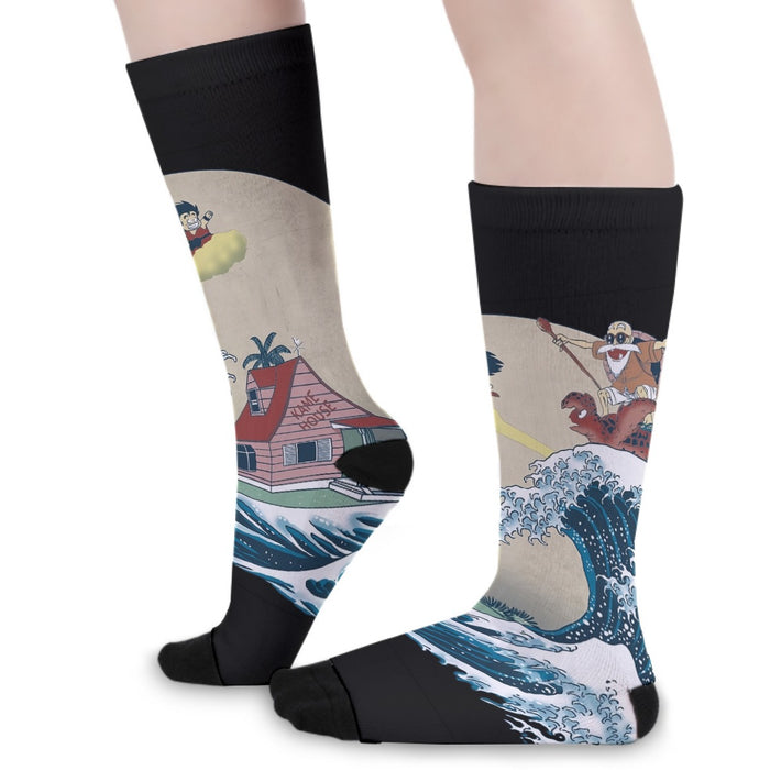 DBZ Kid Goku And Master Roshi Surfing To Kame House Socks