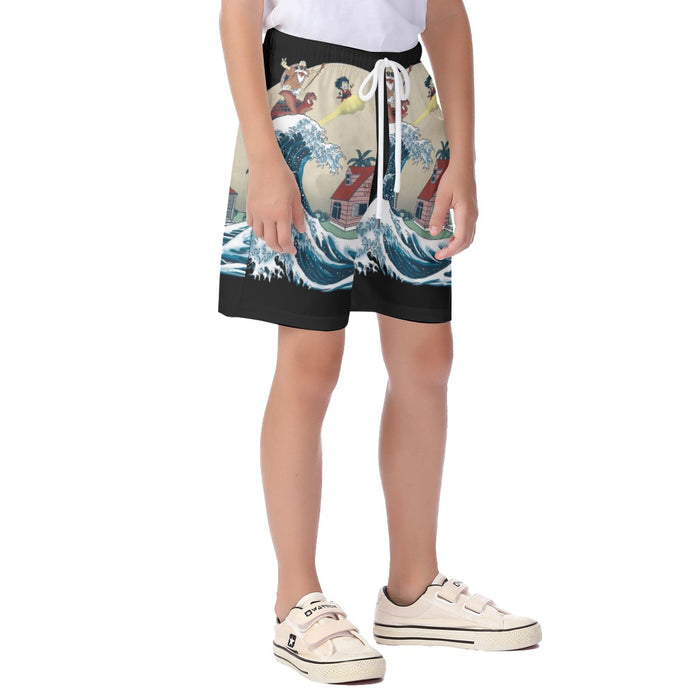 DBZ Kid Goku And Master Roshi Surfing To Kame House Kid's Beach Shorts