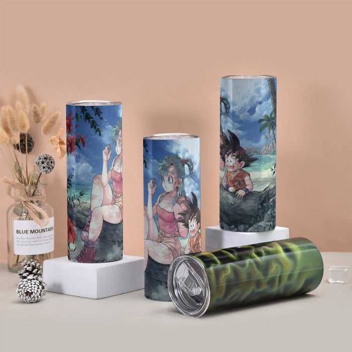 Bulma Sitting on a Tree and Kid Goku at the Beach Blue Graphic Tumbler with twinkle surface