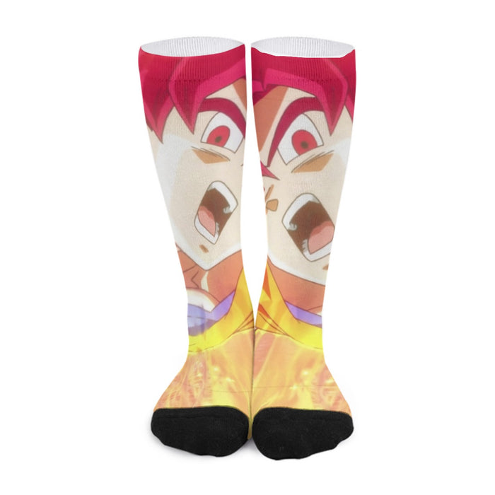 Dragon Ball Goku Super Saiyan Red God Face Portrait Print Socks