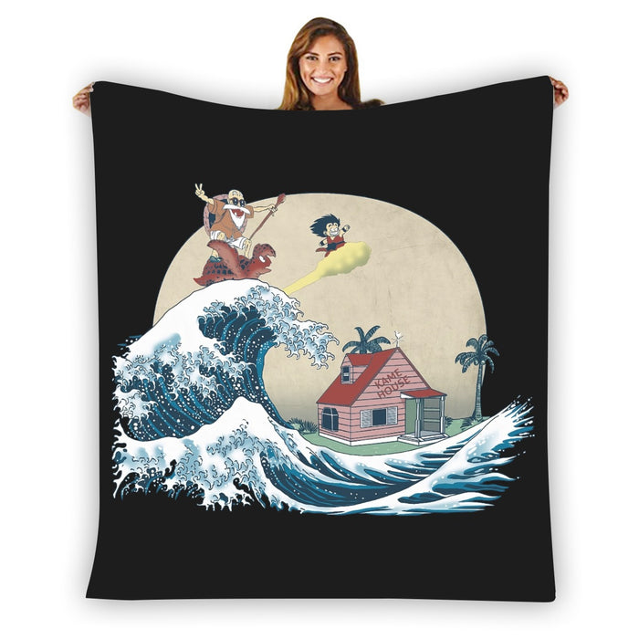 DBZ Kid Goku And Master Roshi Surfing To Kame House Blanket