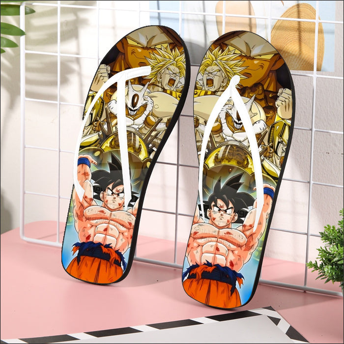 DBZ Goku Spirit Bomb Destroy Villains Cooler Broly Namek Golden Flip Flops