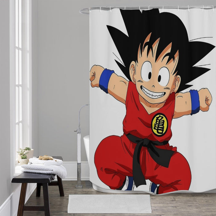 DBZ Jumping Kid Goku In His Training Suit Shower Curtains