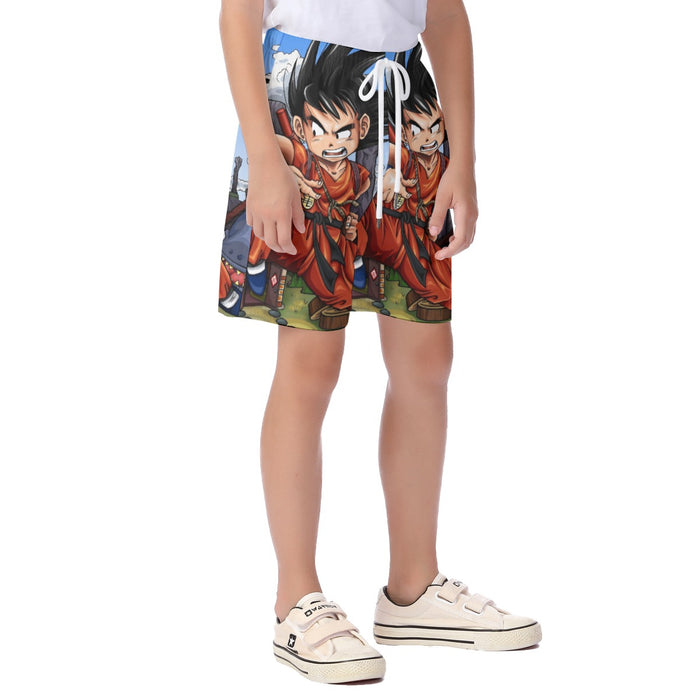 Dragon Ball Anime Angry Kid Goku Sky Clouds Blue 3D Kid's Beach Shorts