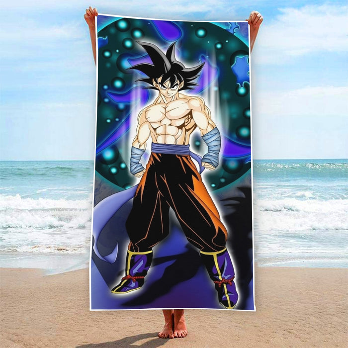 DBZ Goku Muscular Saiyan Vibrant Background Art Style Beach Towel