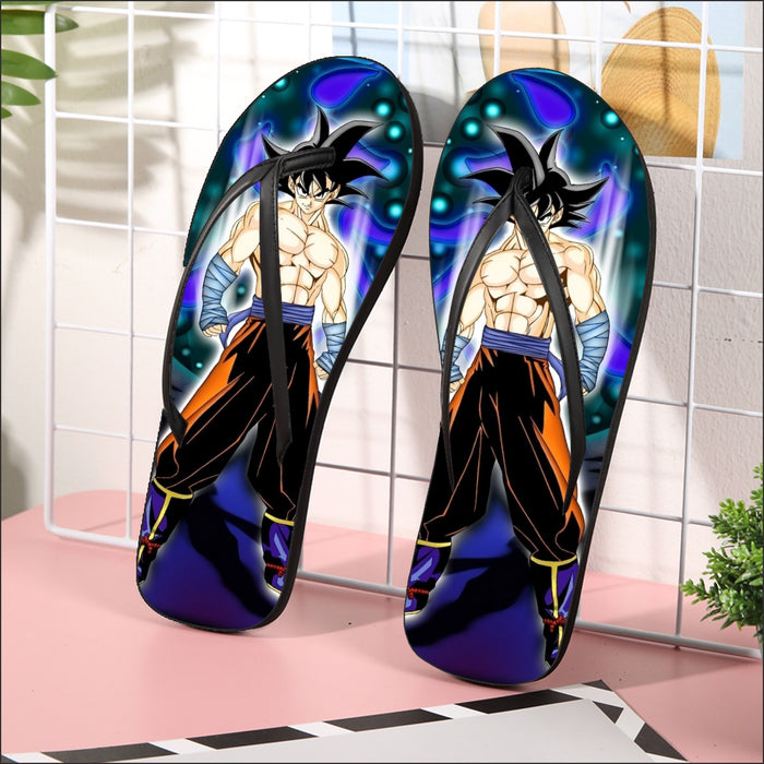 DBZ Goku Muscular Saiyan Vibrant Background Art Style Flip Flops