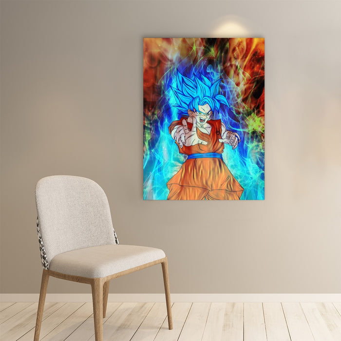 DBZ Goku Super Saiyan God Blue SSGSS Power Aura Fire Theme Design Paper poster