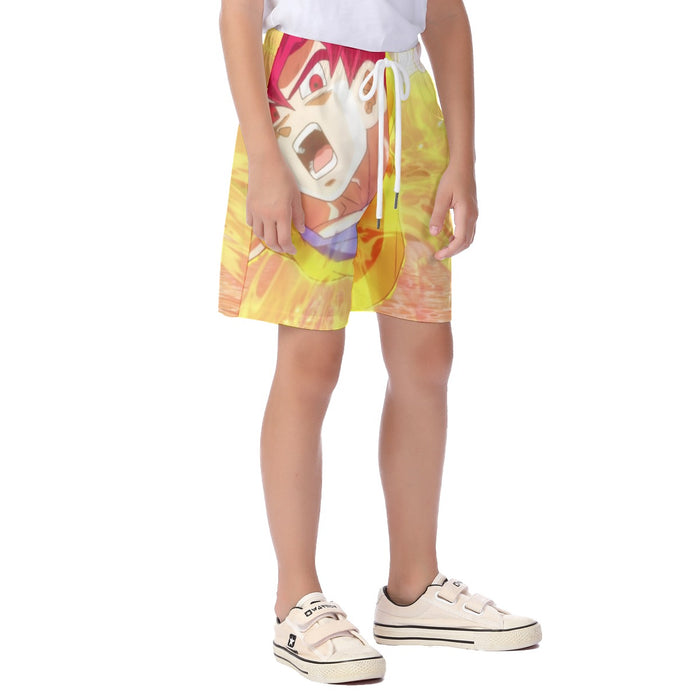 Dragon Ball Goku Super Saiyan Red God Face Portrait Print Kid's Beach Shorts