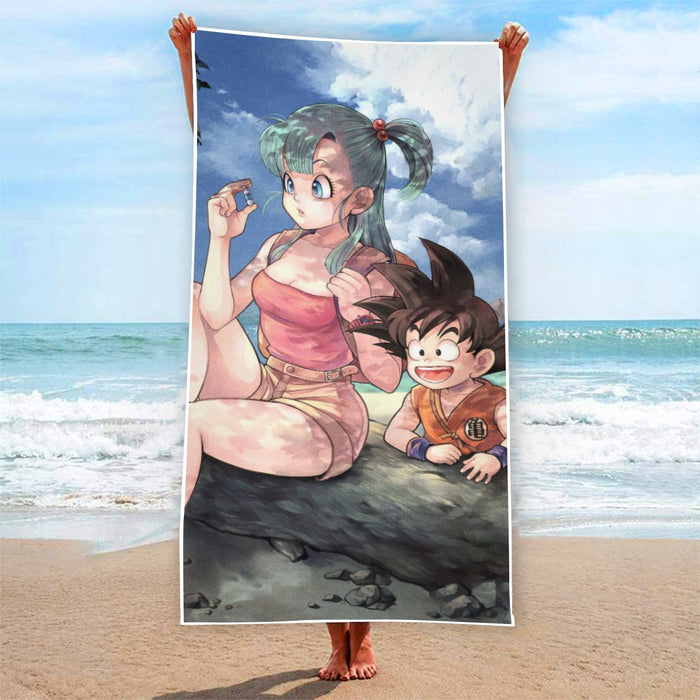 Bulma Sitting on a Tree and Kid Goku at the Beach Blue Graphic Beach Towel