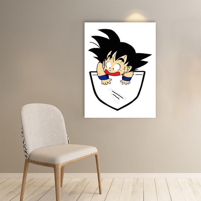 Smiling Goku On Pocket Of Dragon Ball Z Paper poster