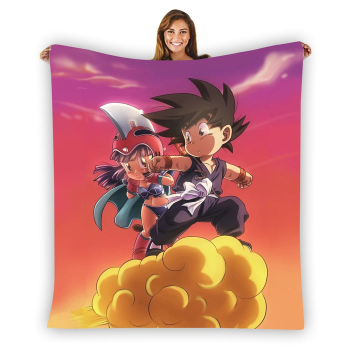 Kid Goku & Chichi Flying on Golden Cloud 3D Blanket