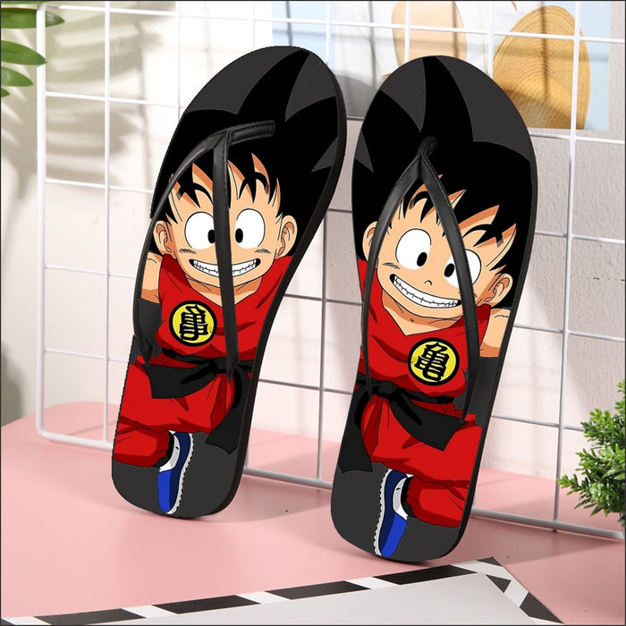 DBZ Jumping Kid Goku In His Training Suit Flip Flops