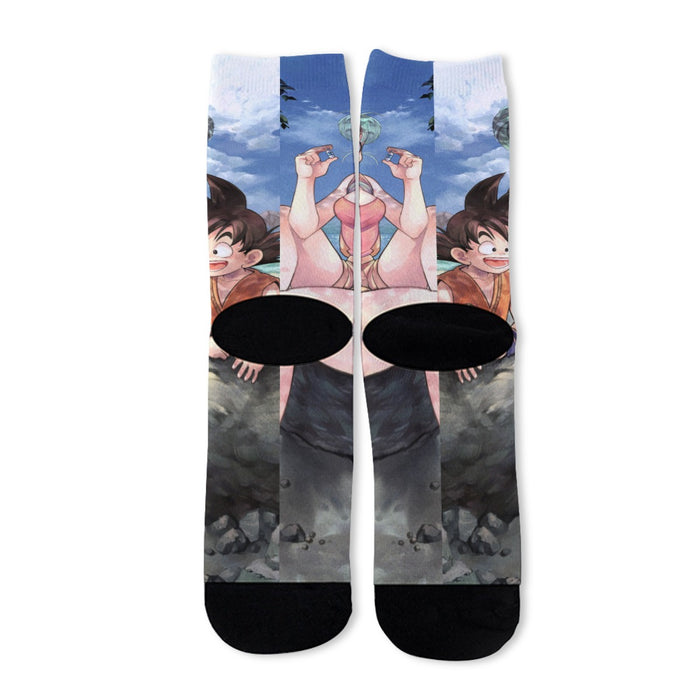 Bulma Sitting on a Tree and Kid Goku at the Beach Blue Graphic DBZ  Socks