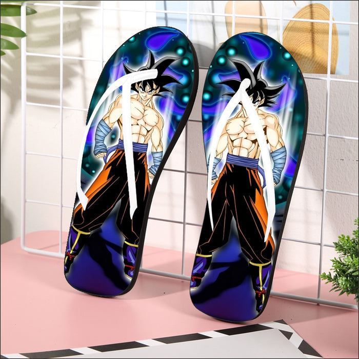 DBZ Goku Muscular Saiyan Vibrant Background Art Style Flip Flops