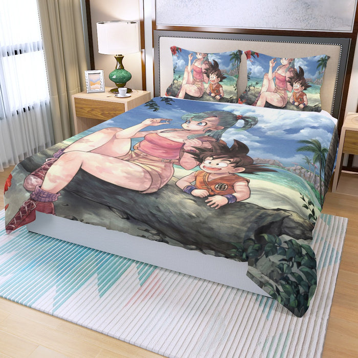 Bulma Sitting on a Tree and Kid Goku at the Beach Blue Graphic DBZ Three Piece Duvet Cover Set