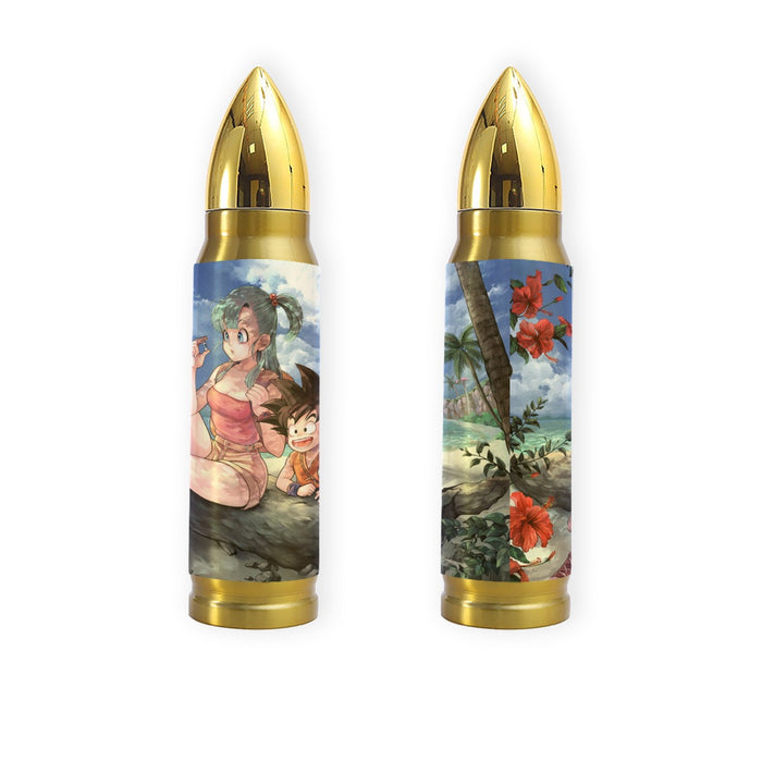 Bulma Sitting on a Tree and Kid Goku at the Beach Blue Graphic Tumbler