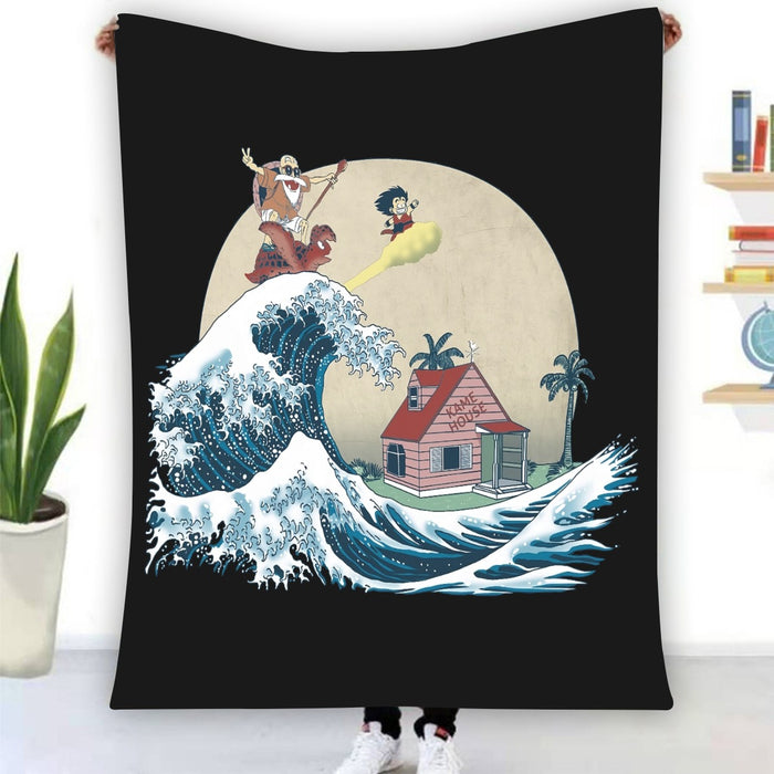 DBZ Kid Goku And Master Roshi Surfing To Kame House Blanket