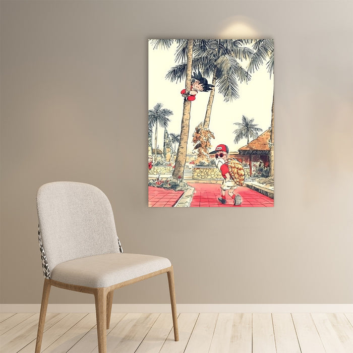 Palm Tree Cute Kid Goku Master Roshi Vintage Beige Paper poster