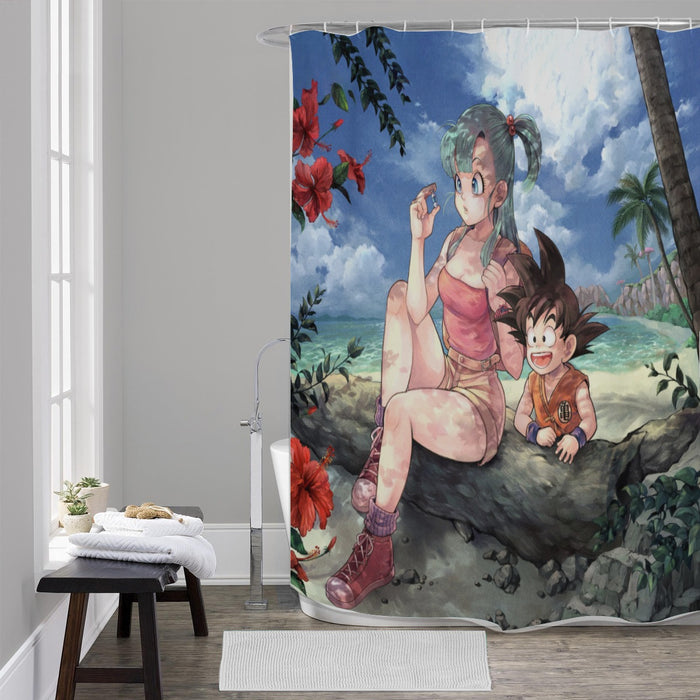 Bulma Sitting on a Tree and Kid Goku at the Beach Blue Graphic DBZ Shower Curtains